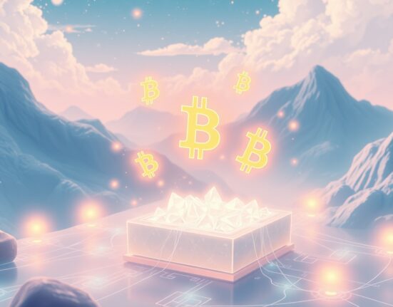 Bitcoin quantum computing threat visualized as digital energy connecting cryptocurrency symbols to quantum technology