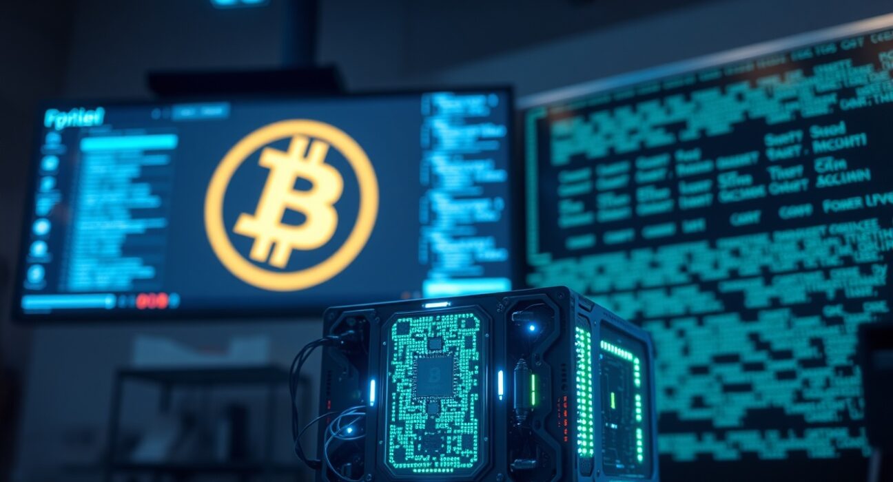 A close-up of a quantum computer processor in a dimly lit lab with a Bitcoin logo on a screen in the background.