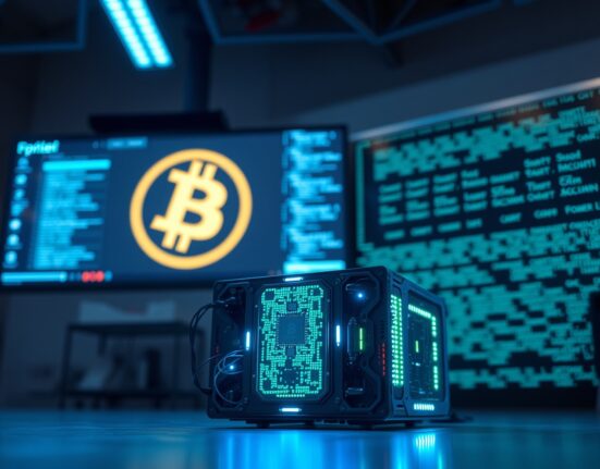 A close-up of a quantum computer processor in a dimly lit lab with a Bitcoin logo on a screen in the background.