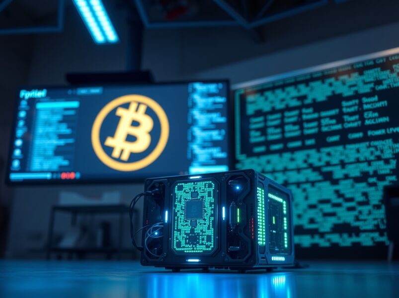 A close-up of a quantum computer processor in a dimly lit lab with a Bitcoin logo on a screen in the background.