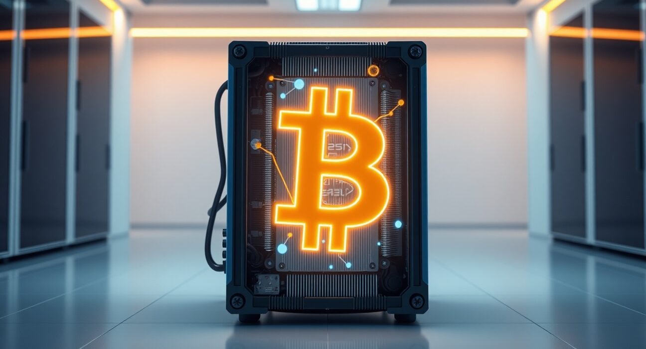 Conceptual image representing Bitcoin's quantum computing security challenge with quantum processor and cryptocurrency symbol.