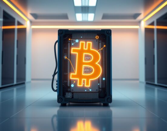 Conceptual image representing Bitcoin's quantum computing security challenge with quantum processor and cryptocurrency symbol.