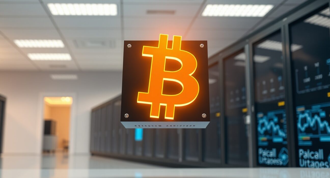 Conceptual representation of quantum computing technology challenging Bitcoin's security framework in a research setting.