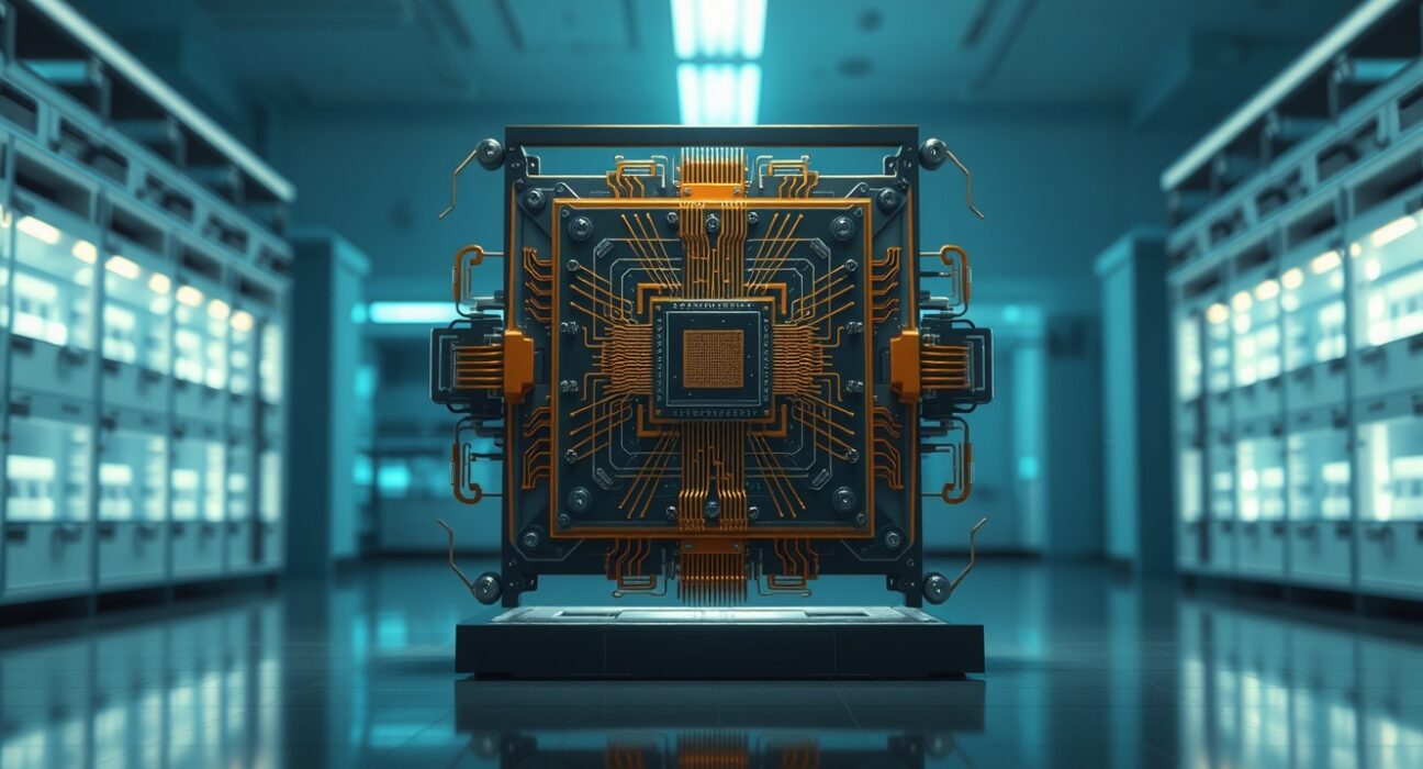 A glowing quantum computer processor core in a dim research lab, representing the quantum threat to Bitcoin.