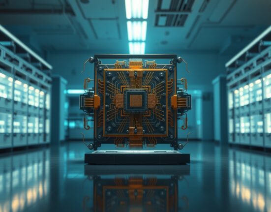 A glowing quantum computer processor core in a dim research lab, representing the quantum threat to Bitcoin.