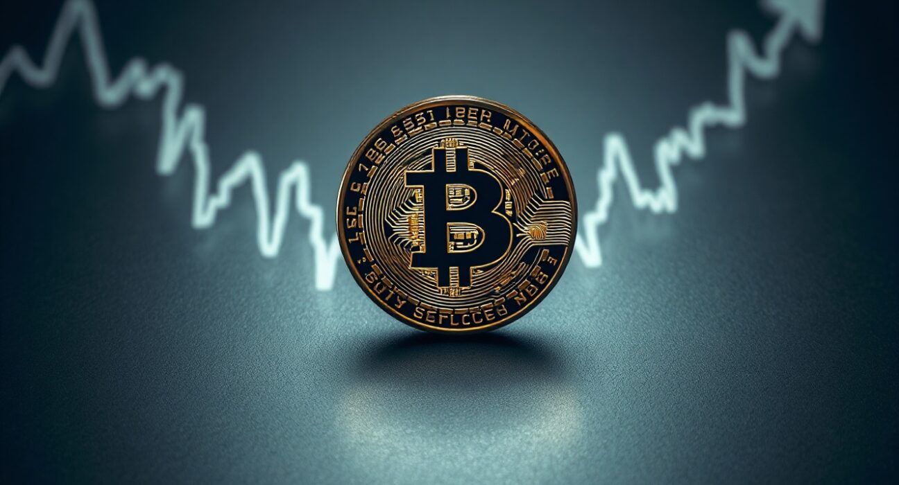 Bitcoin coin with a subtle upward chart in the background, symbolizing potential price movement