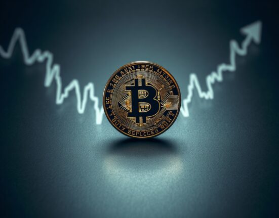 Bitcoin coin with a subtle upward chart in the background, symbolizing potential price movement