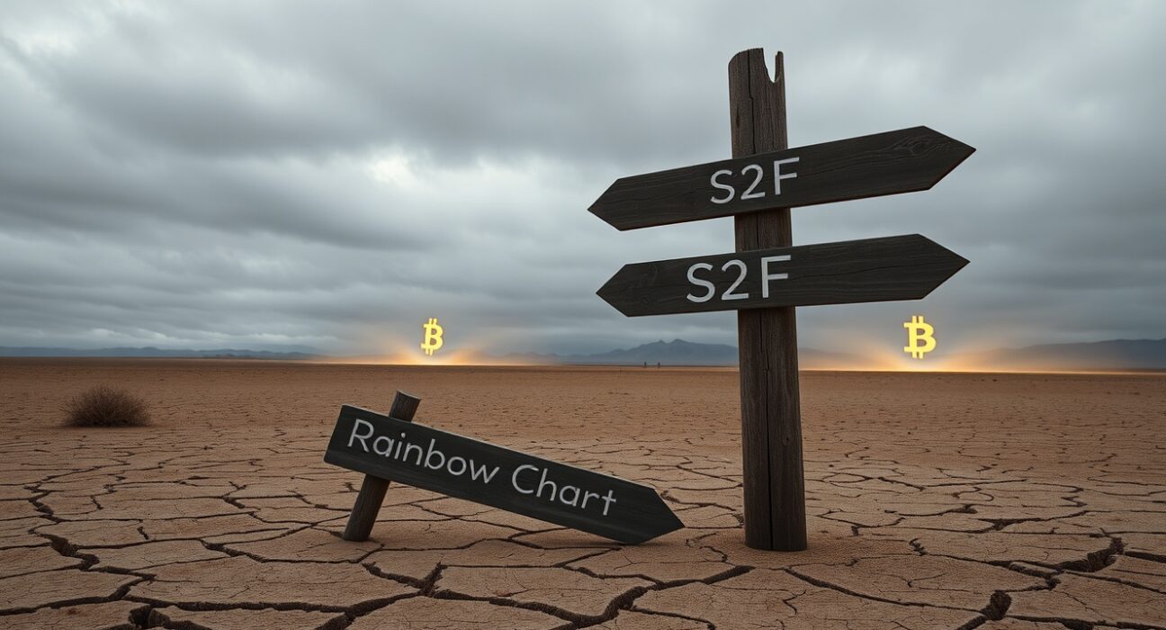 Broken signpost labeled Rainbow Chart in desert landscape with faint Bitcoin logo on horizon