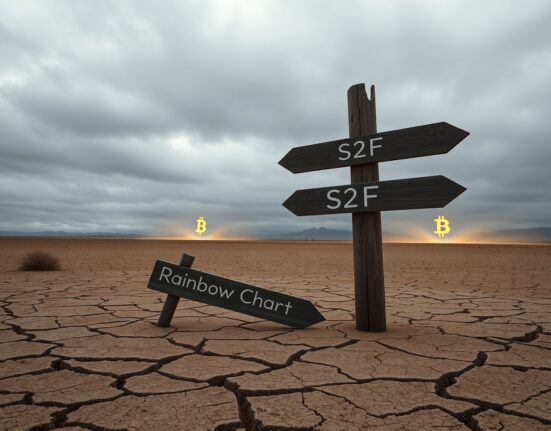 Broken signpost labeled Rainbow Chart in desert landscape with faint Bitcoin logo on horizon