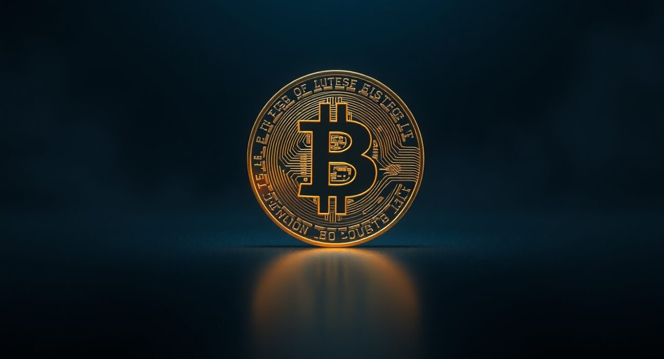Bitcoin coin centered in dark, moody scene with faint rainbow arc symbolizing the Rainbow Chart indicator