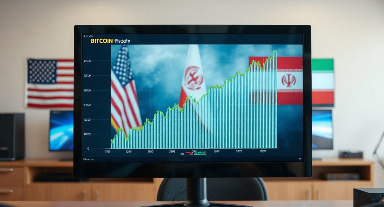Bitcoin price chart showing a rally on a computer monitor with US and Iran flags on a news broadcast in the background