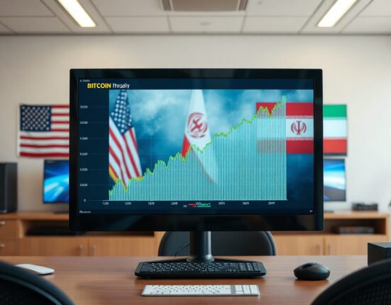 Bitcoin price chart showing a rally on a computer monitor with US and Iran flags on a news broadcast in the background