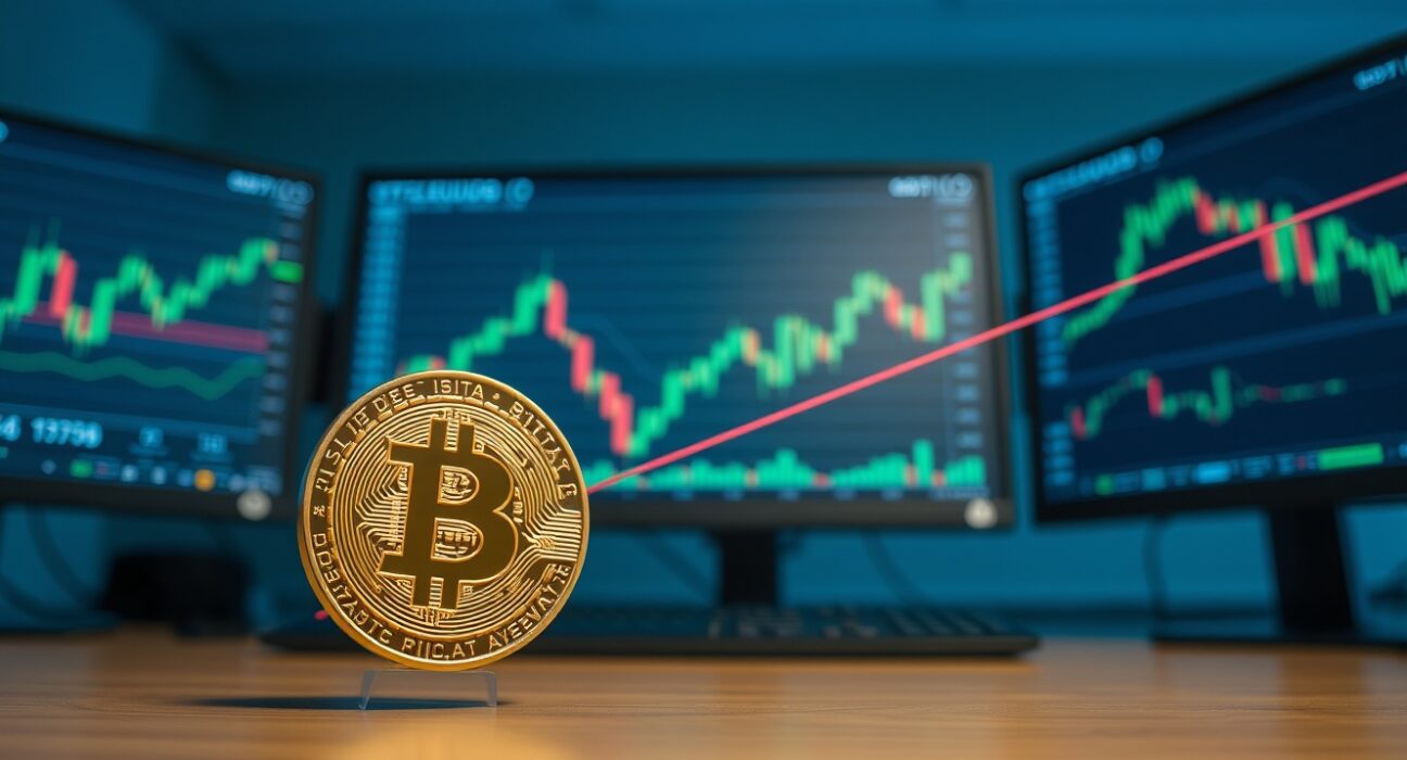 Bitcoin coin on a financial chart with a 200-day moving average line, representing a critical technical analysis level.
