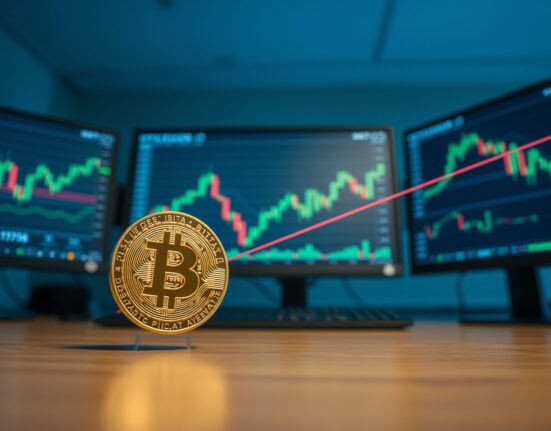 Bitcoin coin on a financial chart with a 200-day moving average line, representing a critical technical analysis level.