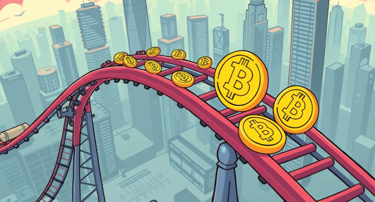 Cartoon illustration of Bitcoin market volatility as a rollercoaster, highlighting uncertainty about the next Bitcoin rally.