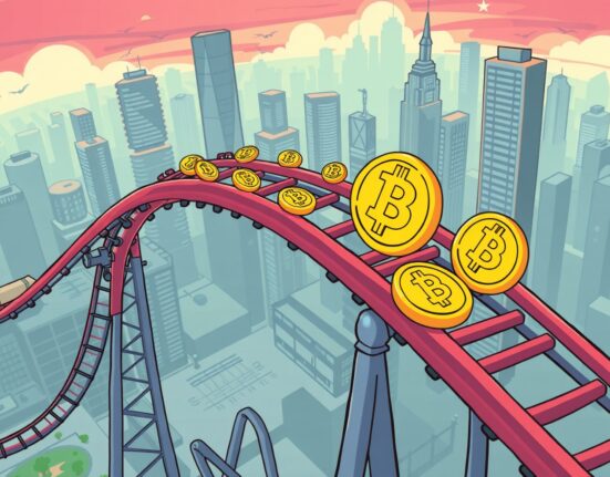 Cartoon illustration of Bitcoin market volatility as a rollercoaster, highlighting uncertainty about the next Bitcoin rally.