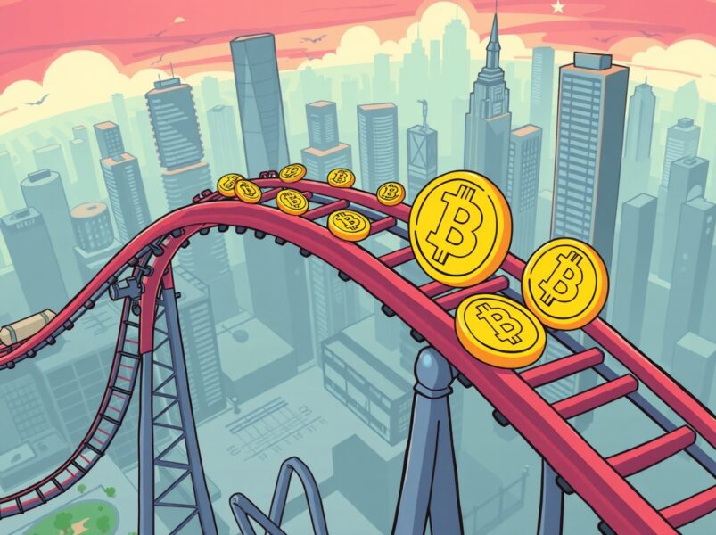 Cartoon illustration of Bitcoin market volatility as a rollercoaster, highlighting uncertainty about the next Bitcoin rally.