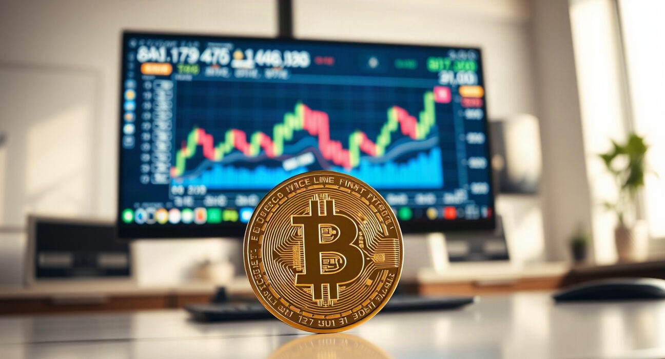 Bitcoin coin on desk with trading chart on monitor in background