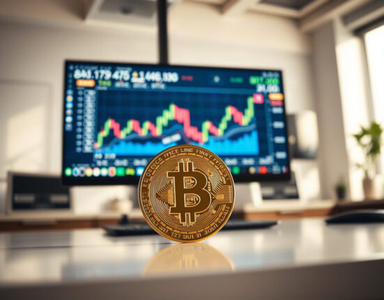Bitcoin coin on desk with trading chart on monitor in background