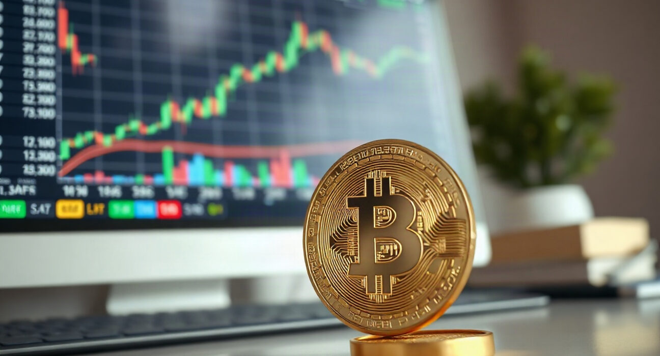 Bitcoin coin in foreground with a computer screen showing an upward trading chart in the background