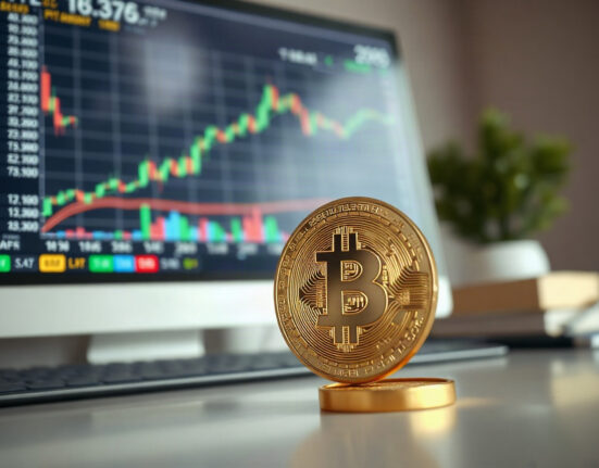 Bitcoin coin in foreground with a computer screen showing an upward trading chart in the background