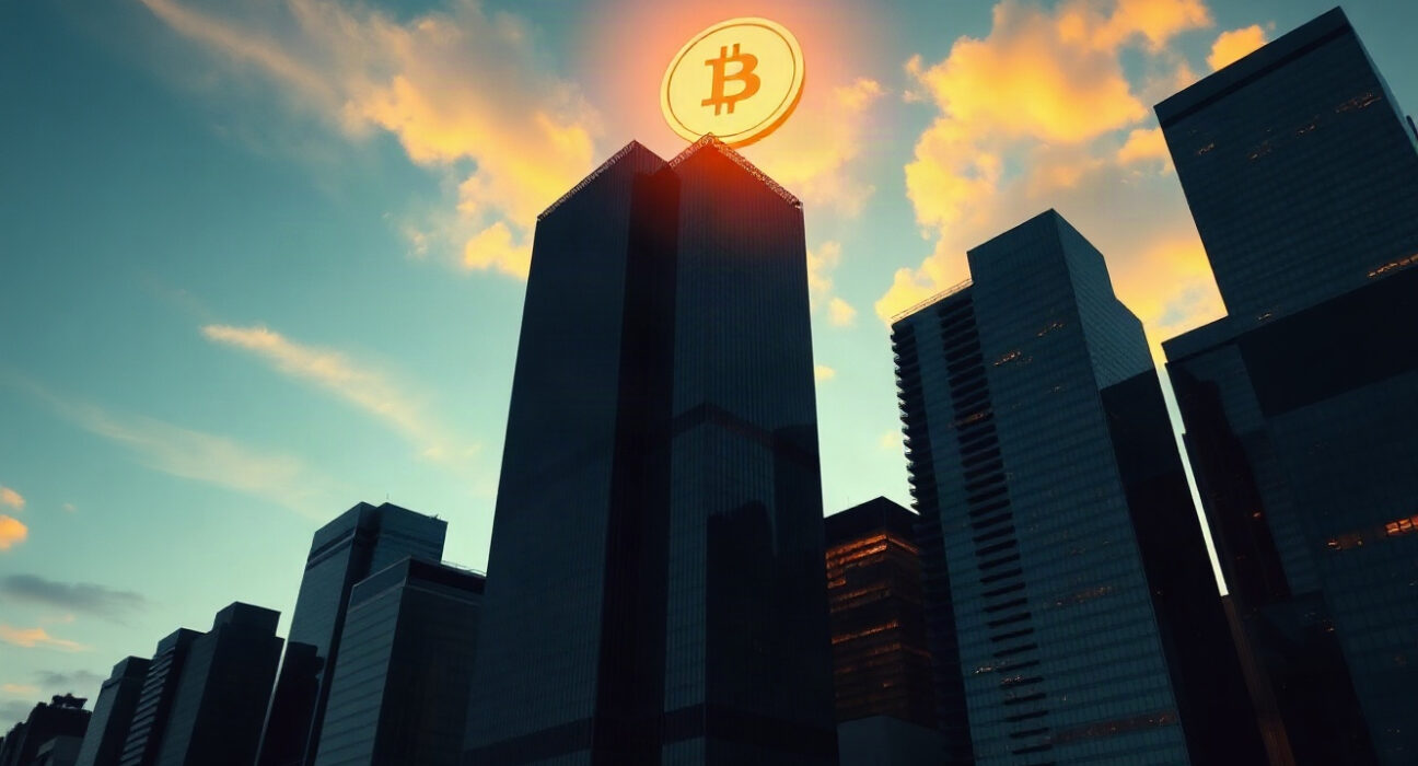 Bitcoin symbol superimposed over a financial district skyline at dusk, representing capital rotation from AI stocks to crypto.