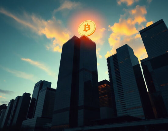 Bitcoin symbol superimposed over a financial district skyline at dusk, representing capital rotation from AI stocks to crypto.