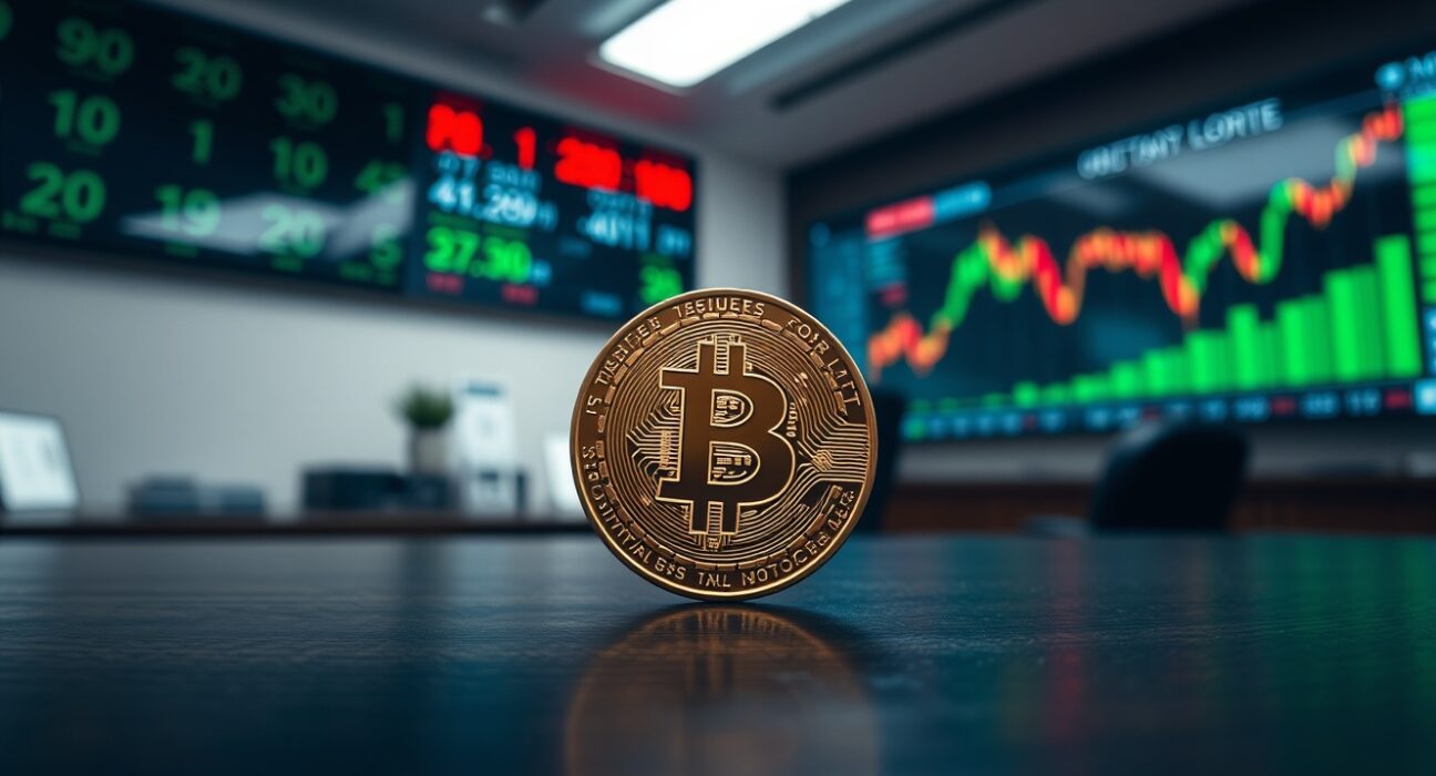 Bitcoin coin on a desk with a blurred financial chart in the background