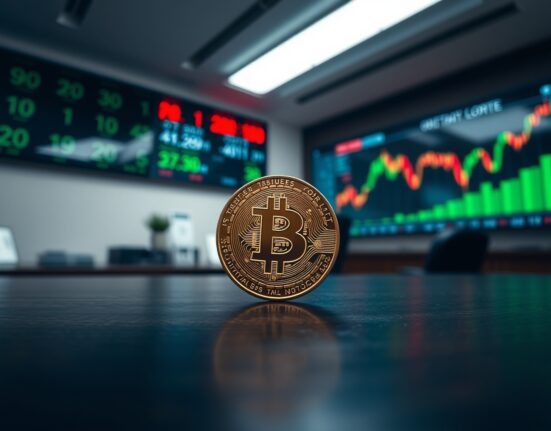 Bitcoin coin on a desk with a blurred financial chart in the background