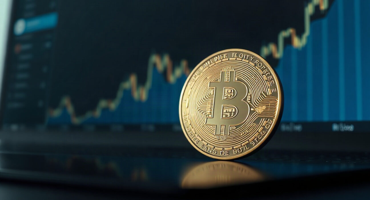 Bitcoin coin on a reflective surface with a faint upward chart in the background, representing a potential market cycle shift.