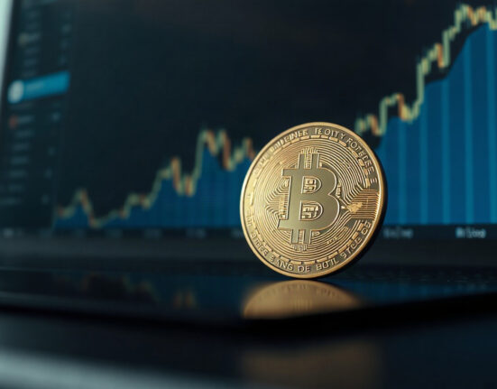 Bitcoin coin on a reflective surface with a faint upward chart in the background, representing a potential market cycle shift.