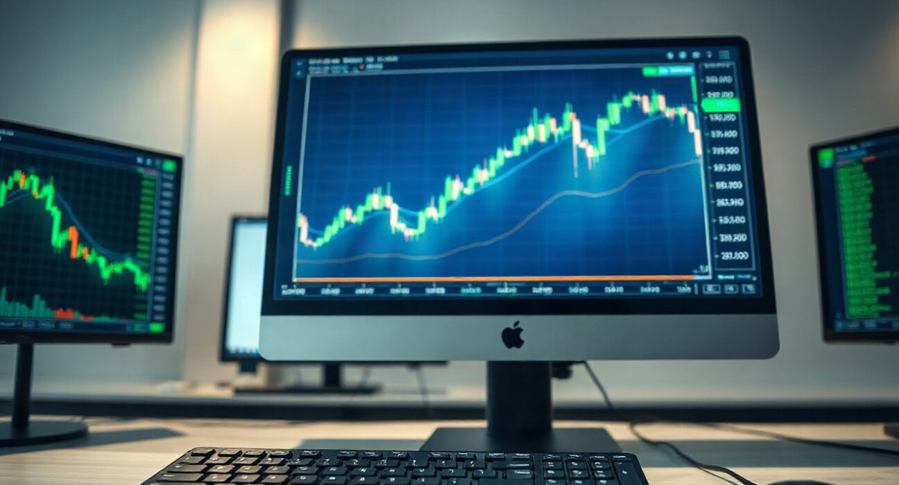 Bitcoin price chart on a monitor showing upward momentum at a trading desk