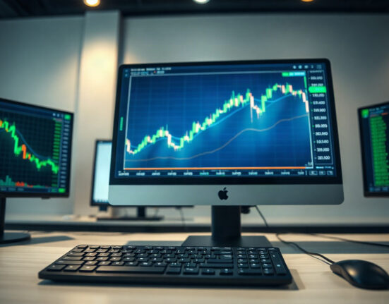 Bitcoin price chart on a monitor showing upward momentum at a trading desk