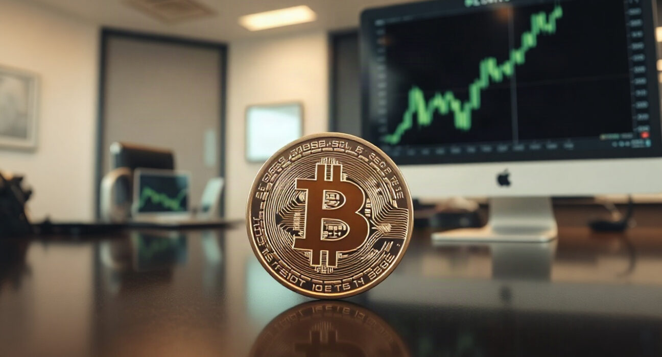 Bitcoin coin on reflective surface with upward chart in background