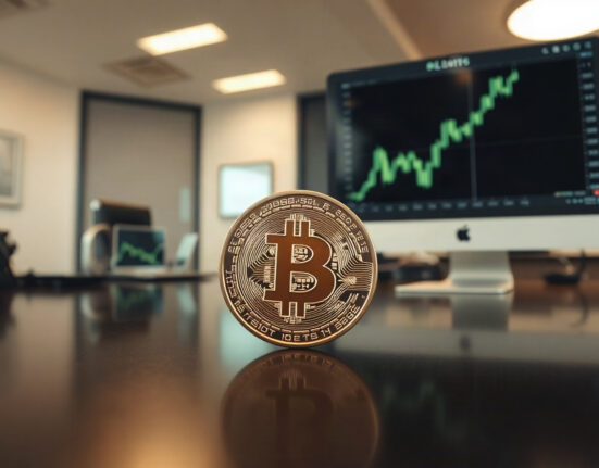 Bitcoin coin on reflective surface with upward chart in background