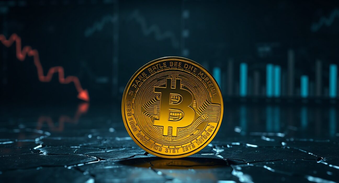 Bitcoin coin on cracked dark surface with dim blue lighting, representing price decline