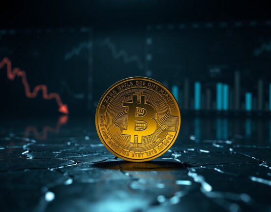 Bitcoin coin on cracked dark surface with dim blue lighting, representing price decline