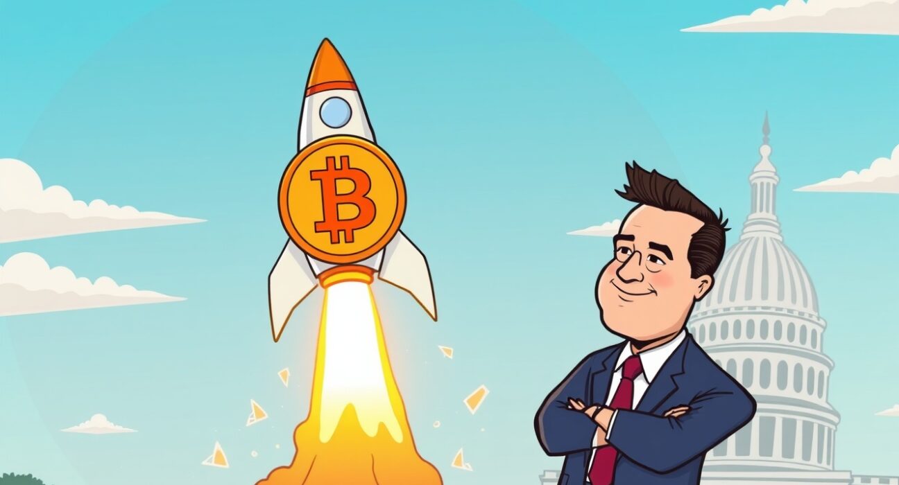 A cartoon Bitcoin rocket soaring, symbolizing the potential for an explosive Bitcoin rally driven by dovish Fed policies.