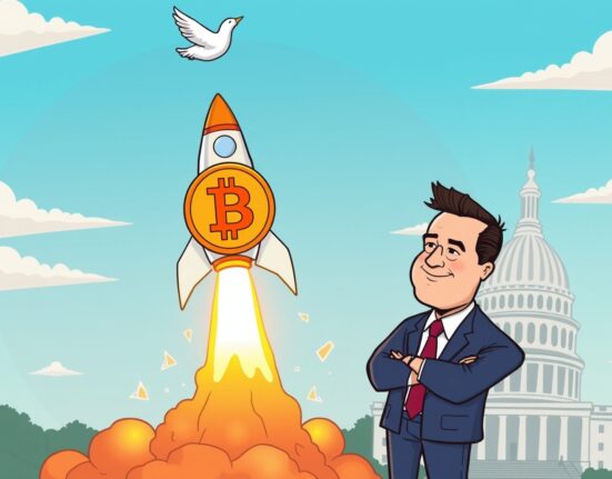 A cartoon Bitcoin rocket soaring, symbolizing the potential for an explosive Bitcoin rally driven by dovish Fed policies.