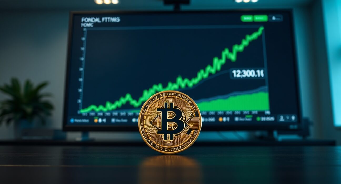 Bitcoin coin on desk with bullish chart and FOMC calendar in background