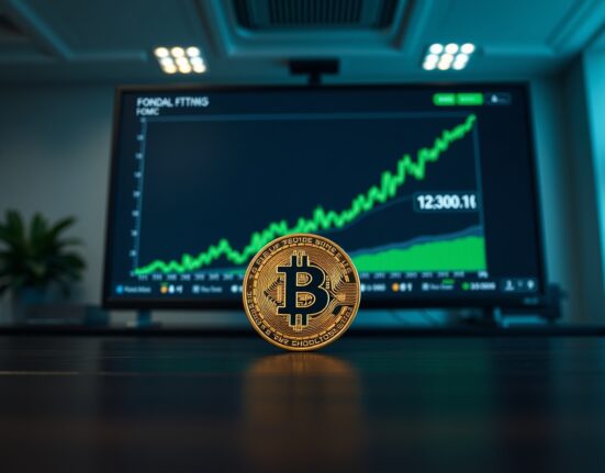 Bitcoin coin on desk with bullish chart and FOMC calendar in background