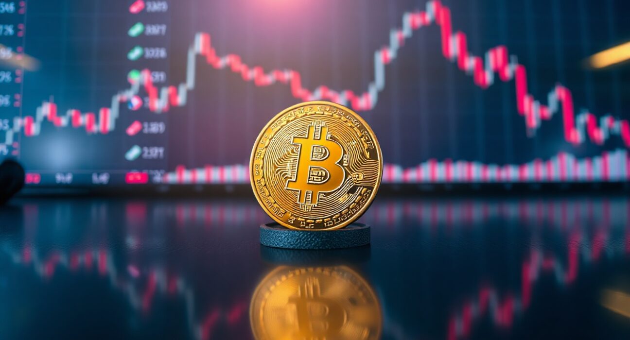 Bitcoin coin on a dark surface with a declining chart line in the background, representing market skepticism.
