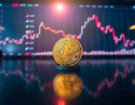 Bitcoin coin on a dark surface with a declining chart line in the background, representing market skepticism.
