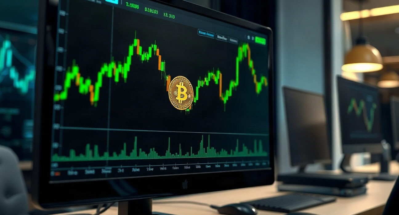 Bitcoin price chart showing upward trend on a trading screen in a professional office setting.