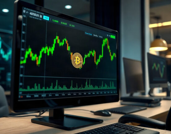 Bitcoin price chart showing upward trend on a trading screen in a professional office setting.