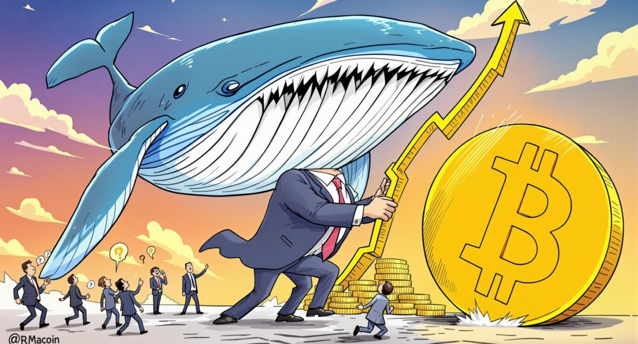 Cartoon showing large institutions and whales propelling the Bitcoin rally, indicating their dominant influence on the market.