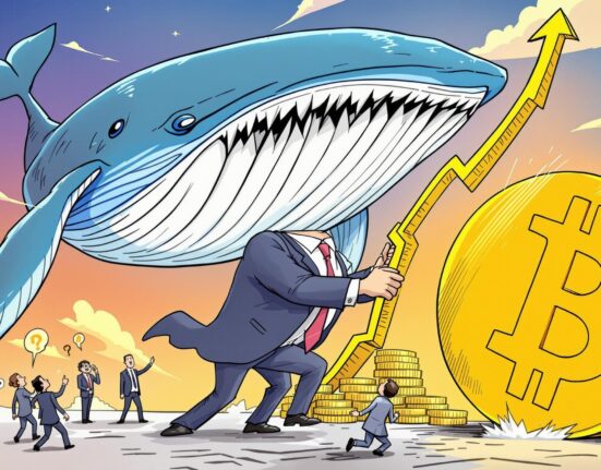 Cartoon showing large institutions and whales propelling the Bitcoin rally, indicating their dominant influence on the market.