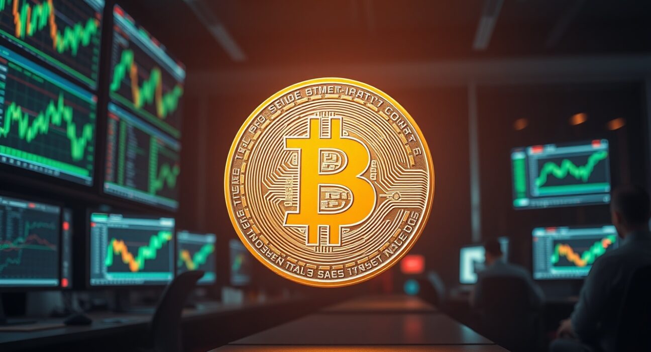 Bitcoin coin on a trading desk with monitors showing bullish market charts and upward trends.