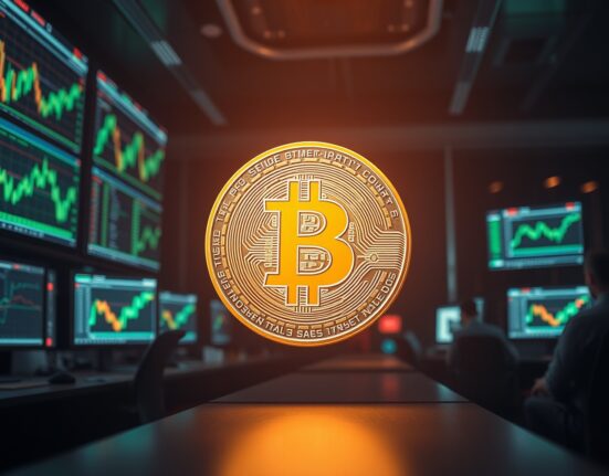 Bitcoin coin on a trading desk with monitors showing bullish market charts and upward trends.