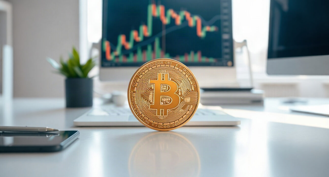Bitcoin coin on a desk with a monitor showing a candlestick chart in the background